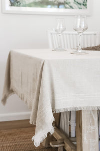 LINEN TABLE CLOTH WITH FRINGING AND BORDER STITCHING