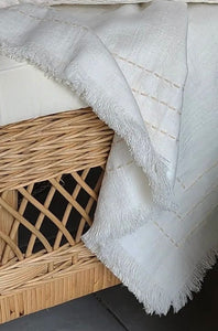 LINEN TABLE CLOTH WITH FRINGING AND BORDER STITCHING