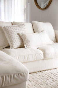 LINEN LUMBAR CUSHION WITH BORDER STITCHING AND FRINGING