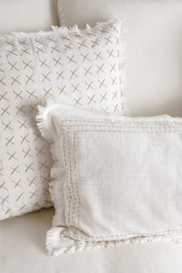 LINEN LUMBAR CUSHION WITH BORDER STITCHING AND FRINGING