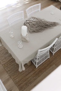 LINEN TABLE CLOTH WITH FRINGING AND BORDER STITCHING