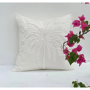 WHITE LINEN TONE ON TONE PALM TREE CUSHION