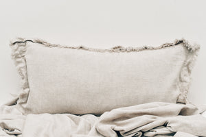 LINEN LUMBAR CUSHION WITH BORDER STITCHING AND FRINGING