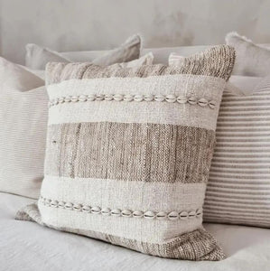 TWO TONE RAW COTTON COASTAL COWRIE SHELL CUSHION