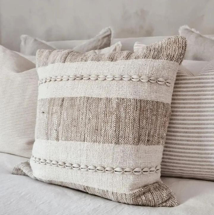 TWO TONE RAW COTTON COASTAL COWRIE SHELL CUSHION