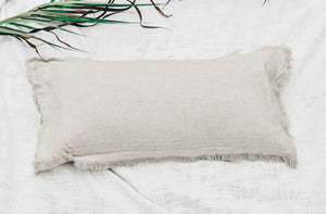 LINEN LUMBAR CUSHION WITH BORDER STITCHING AND FRINGING